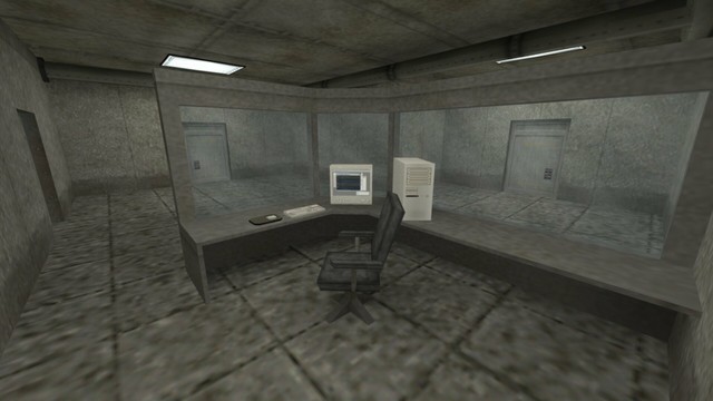 In this picture you see a room. This has three metal doors. Which are once on the left, in the middle and on the right. Furthermore, you can see a kind of surveillance room. Which, however, is not a real room, but resembles an open office. You have a wall on the left and right and a sloping wall in the middle that connects both walls. All walls have glass panes embedded in them. Furthermore, there is a corner desk in this surveillance room, which belongs to the wall with the glass panes. On it stands from left to right a black mouse pad with a white computer mouse on it, a white keyboard, a white monitor showing a coding window and a white computer. In front of the corner desk is a black office chair. Furthermore, you can see two white-lit lamps on the ceiling. This is on the map cs_siege in the game Counter-Strike 1.6.