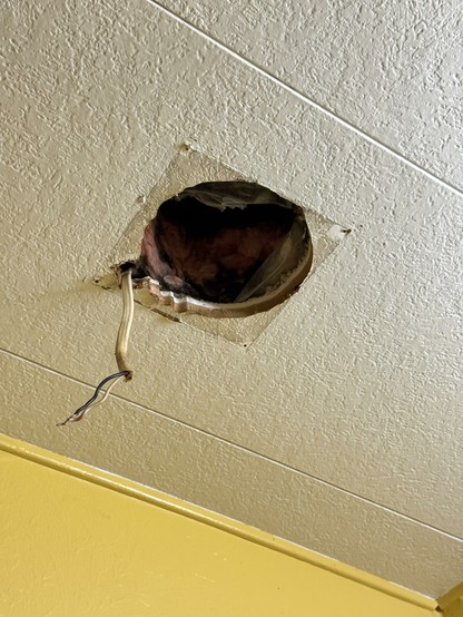 A hole in the ceiling without a fan hanging from it. A white cable hangs from it though.