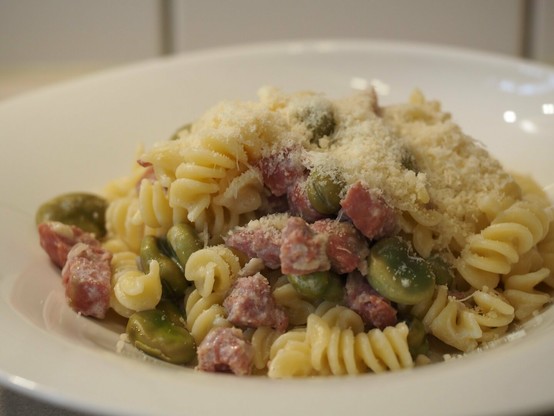 Eine Portion der Pasta mit Puffbohnen-Salsiccia Sauce bestreut mit geriebenem Grana Padano.