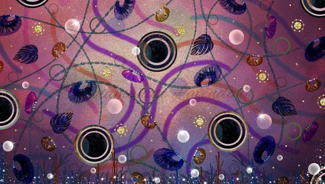 Swirling colors of purple, pink, blue, and orange fill the background as chains of blue swing in the foreground with circles of deep blue and white.  Iridescent bubbles float among the chains and circles above colorful grass covered in brilliant stars.