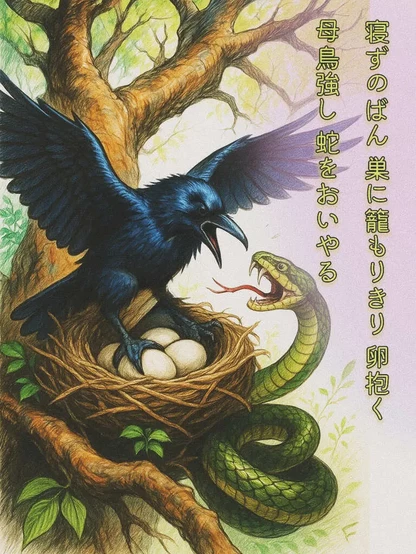 «Generated by GPT4o, Edit in CapCut »
Alt-TXT: An illustration depicts a black crow confronting a green snake in a nest with eggs. The crow spreads its wings on a tree branch, while the snake hissed, coiled around the nest amidst green leaves.

On the right side of the image is a tanka poem written in Japanese that reads, ”Night watch, never sleeping— /she stays curled in her nest, alone, /warming silent eggs. /A serpent strikes—she flares, fierce flame: /the mother drives it back, unshaken.”