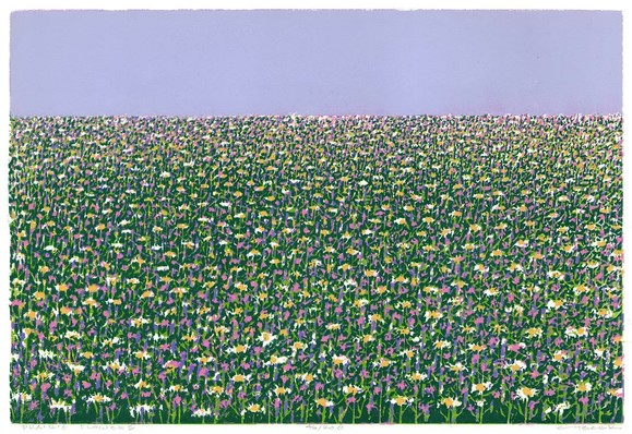 A colorful woodcut, flowers stretch from foreground to the blue sky, which occupies the top quarter of the frame. Purples, greens, yellow and white become dense as the view recedes to blue sky.