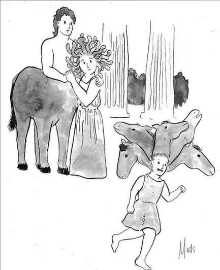 A humorous black-and-white illustration depicting a centaur embracing a woman with snake-like hair. In the foreground, a child is playfully running, wearing a dress and having multiple horse heads as hair. The background features classical columns and greenery. A signature reads “Mats”