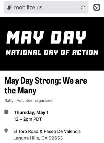May Day event details for 12-2p in Laguna Hills, California