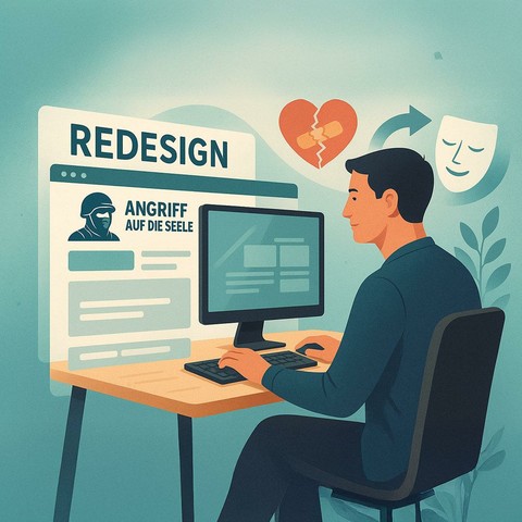 Eine Person sitzt an einem Computer. Auf dem Monitor sieht man verschiedene Blöcke hervorgehoben.Im Hintergrund der Szene sieht man beispielhaft eine Webseite auf der ebenfalls Blöcke dargestellt sind. Sie ist mit dem Wort "Redesign" in großen Lettern übertitelt.