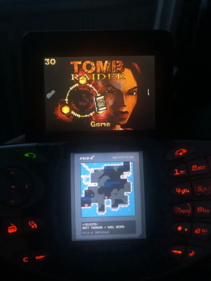 Celeste Classic running on the Nokia NGage, with Tomb Raider on the Gameboy SP for comparison