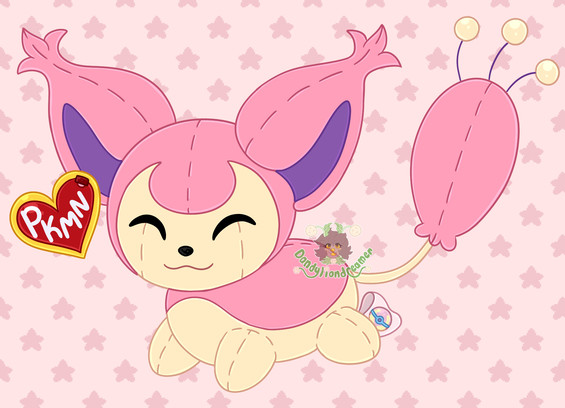 the pokemon skitty as a cute plushie beanie baby, their red heart tag says "pkmn" and their tush tag is a heal ball