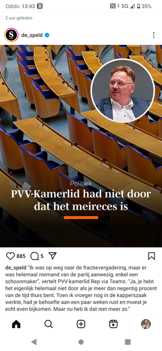 Screenshot van Instagram, van De Speld. Titel "PVV-Kamerlid had niet door dat het Meireces is."