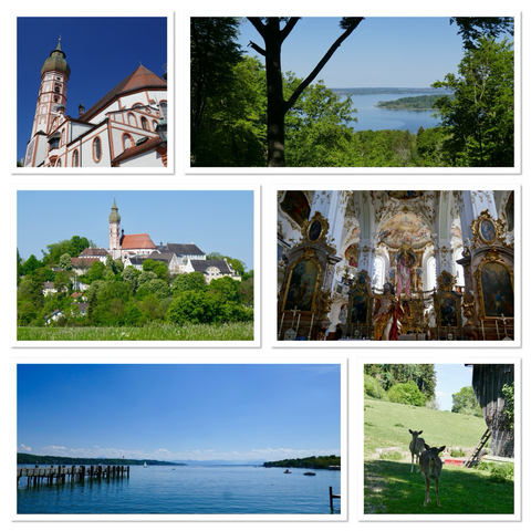 Bildermix, der zeigt: Kirche des Klosters Andechs, Blick über den Ammersee umrahmt von Bäumen, die gesamte Klosteranlage, das barocke Innere der Klosterkirche, Blick über den Starnberger See, zwei Rehe auf einer Wiese.