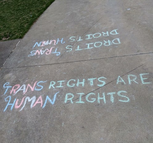 Two pieces of chalk words on a concrete sidewalk

TRANS RIGHTS ARE HUMAN RIGHTS

DROITS TRANS DROITS HUMAIN