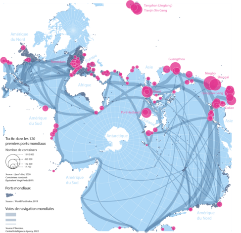Carte de la circulation maritime mondiale pendant la pandémie (2020) sur  une projection de Spilhaus, centrée sur les océans et le Pôle Sud, reléguant les ports et espaces terrestre sur les marges. Réalisée pour l'Atlas des migrations dans le monde de Migreurop, 2022.