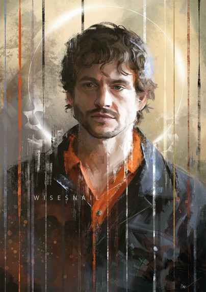 Digital portrait of Hugh Dancy as Wil Graham. He is wearing an orange and blue prisoner jumpsuit, and is looking straight ahead. A white halo surrounds his head.