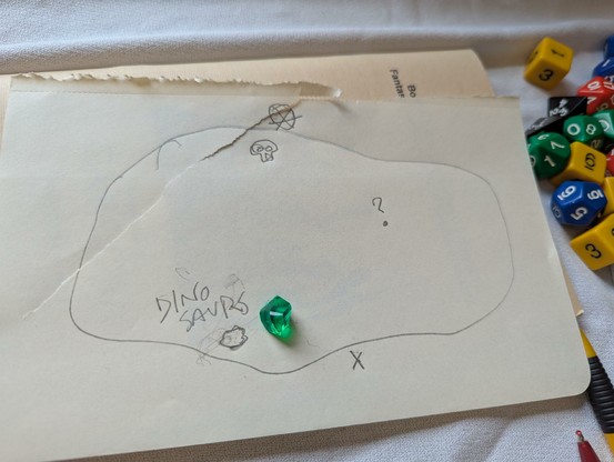 The map, including Dino Saurs (Dino Savers?), a skull, and question mark.