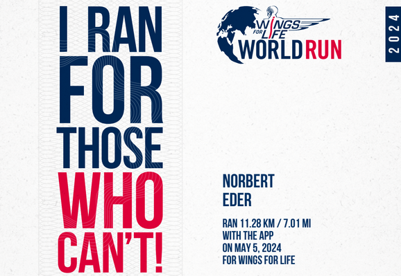 Zertifikat meines Wings For Life World Run Zertifikates von 2024.