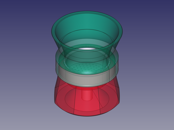 A screenshot from FreeCAD, showing the stand and funnel extension, different angle, with the extension and stand now transparent, so the sieve is visable.