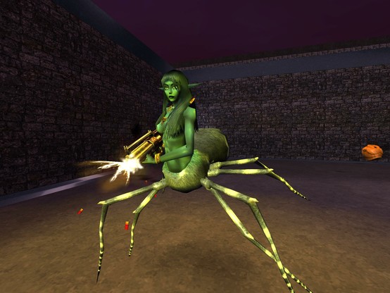 screenshot from the video game 'open arena', showing the body of a huge spider with the upper body of a long haired woman instead of the head of a spider

The woman is holding and firing a gun with multiple barrels

Shells are flying around and in the background there are two walls and a dark sky