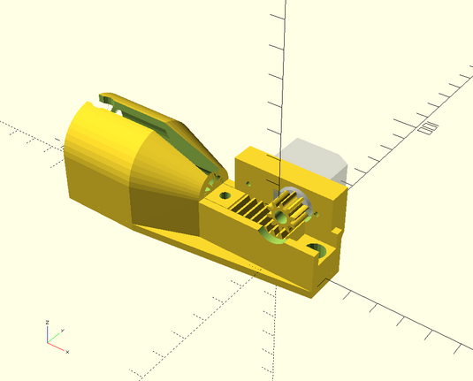 A CAD rendering of a mechanism with a 'horn' like shape at the 'top' and a rack and pinion gear below the narrow end of the 'horn'. There's a mount for a micro servo on one side and the rack is in line with where the string from a party popper would sit.