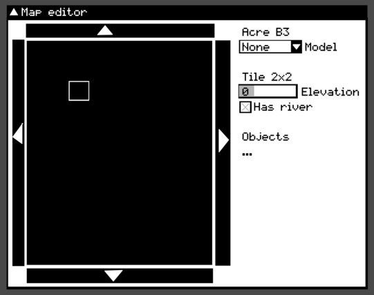 A rough sketch of what looks like a Dear Imgui window. The title is "Map editor". There's a big block on the left implied to be a map, with four arrow buttons on the edges and a single part highlighted. On the right, from the top to bottom, it has a label "Ace B3", a dropdown list labeled "Model" that's set to "None", another label "Tile 2x2", a slider labeled "Elevation" set to 0, a checkbox labeled "Has river" which is checked, and a label "Objects". The mockup stops there.