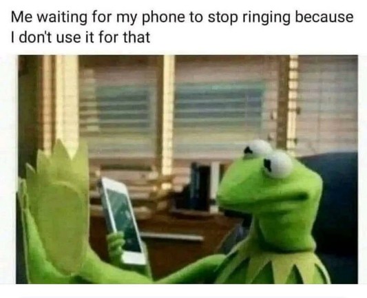 Meme. Kermit the Frog sitting at a desk, feet up and crossed, staring at a smartphone. At the top: "Me waiting for my phone to stop ringing because I don't use it for that."