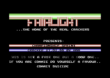 Screenshot of "Championship Sprint" - Crack: Fairlight - Published by Electric Dreams Software on Commodore 64 (1988)