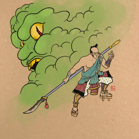 An epic old style ukiyo-e illustration of a samurai or ronin with a naginata and a green yokai spirit japanese demon.