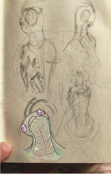 Various pencil sketches of an insectoid alien from the TTRPG Starfinder. Bottom left is a digital colorized version of them with green exoskeleton with brown speckling and jeweled pink and blue eyes