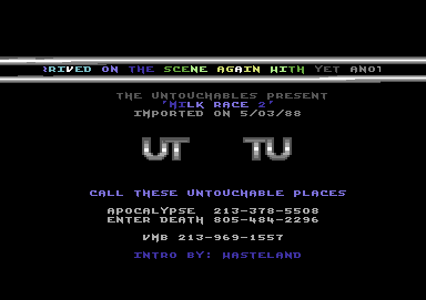 Screenshot of "Milk Race II" - Crack: Denix - Published by - on Commodore 64 (1987)
