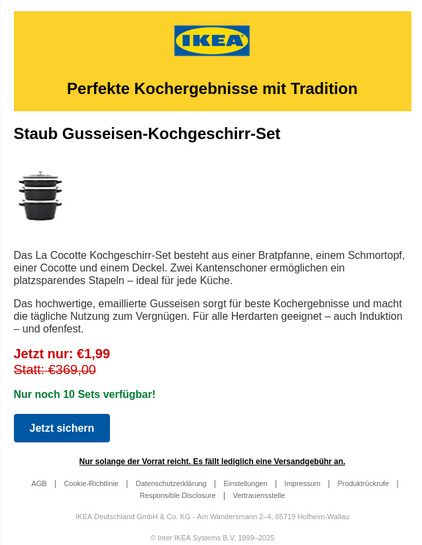 Screenshot einer Pishing-Mail, in der für die Teilnahme an einer Umfrage ein Kochgeschirr von IKEA versprochen wird.
