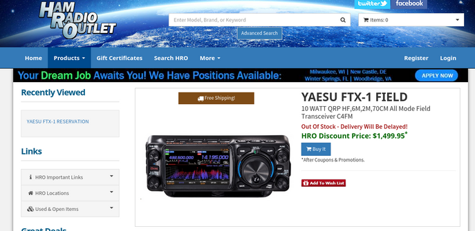 Screenshot of the price of the Yaesu FTx-1F at Ham Radio Outlet (USA) on their website : $1499.95