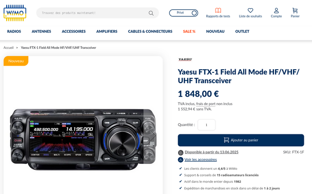 Screenshot of the price of the Yaesu FTx-1F at Wimo (Germany) on their website : €1848.00