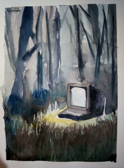 in a cloudy dark forest with dark blue trees in the background lies an old computer in the dry grass - could be early spring. computerlight is comming from the machine. he looks lonely but its peaceful.