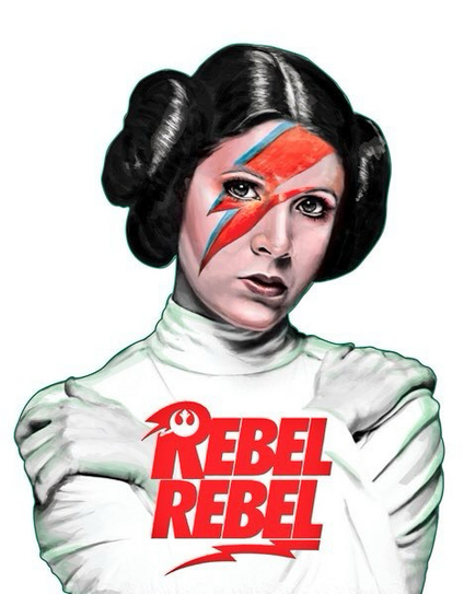 Image of Princess Leia from Star Wars with the red and blue lightning bolt from the cover of Aladin Sane on her face and the words “Rebel Rebel” (which appeared on Diamond Dogs). She looks fierce.