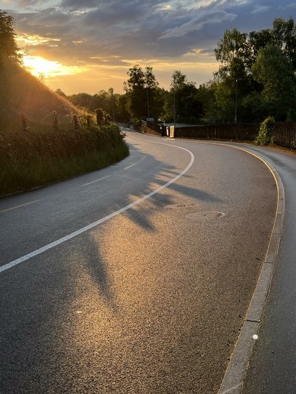 Eine Straße führt leicht bergab in eine Kurve, schräg erleuchtet von der Morgensonne, die durch die Wolken scheint. Rechts einige Bäume, links eine steile Böschung.
