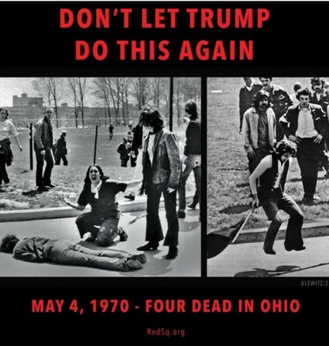 Mike Alewitz collage of 2 photos from Kent state. The first is John Filo's Pulitzer Prize-winning photograph of Mary Ann Vecchio kneeling over the dead body of Jeffrey Miller minutes after the unarmed student was fatally shot by an Ohio National Guardsman. By John Paul Filo, who was a journalism student at Kent State University at the time - © 1970 Valley News-Dispatch, Fair use, https://en.wikipedia.org/w/index.php?curid=193415

The 2nd shows Mike Alewitz, in a white arm band, at the scene of the massacre.