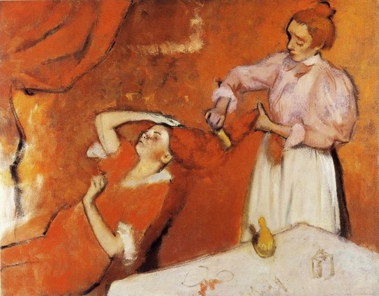 a  painting of a seated woman, reclining back, another woman , standing straightening and combing her hair, the painting is done in orange tones