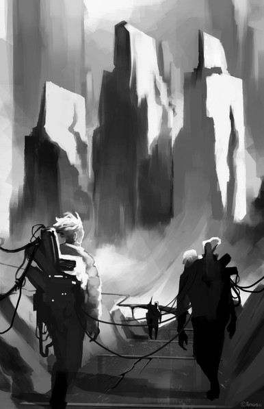 A high-contrast black and white illustration featuring a group of people wandering through a mountainous landscape