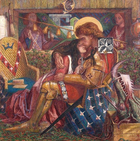 a   painting, it is a man in golden armor with curly red hair, embracing a woman in white and red dress, there is a golden chair behind them and a large painting, it is an interior from medieval times, the head of a dragon in a box in the foreground
