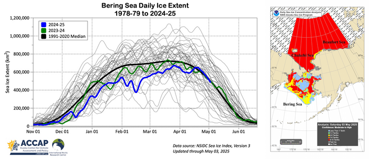 Left: daily sea ice extent in the Bering Sea each season 1978-79 to 2024-25 with the past two seasons and the smoothed 1991-2020 median highlighted. Right: NWS Alaska region sea ice concentration analysis to May 3, 2025.