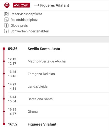 Timetable of the new direct AVE service 2591 between Sevilla and Figueres Vilafant shown in ÖBB Scotty