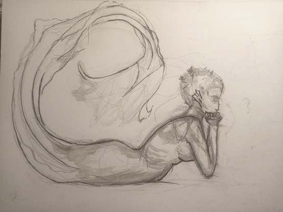 pencil, ink outline, and partial ink wash shaded sketch of mermaid with short hair lounging on her stomach with chin on hands