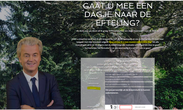 Screenshot van de website efteling.pvv.nl, waarop je je aan kunt melden op basis van motivatie, om een kans te maken met Wilders een dagje naar de Efteling te gaan.  Op de regel motivatie waarom hij mij zou moeten kiezen heb ik vast ingevuld: "Om jou persoonlijk uit de Droomvlucht te kunnen sodemieteren. "