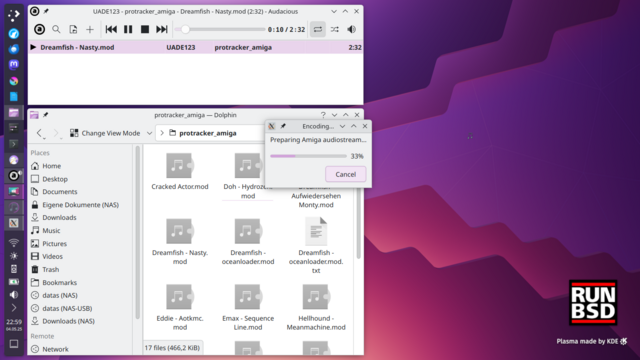 screenshot of Plasma6 Desktop:

Dolphin Filemanager showing some folder with Amiga Protracker files.
A little dialog with a progressbar while encoding an Amiga Audio to Flac
Audacious playing a FLAC that was converted earlier.