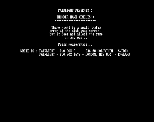 Screenshot of "ThunderHawk AH-73M" - Crack: Fairlight (FLT) - Published by Core on Commodore Amiga (1991)