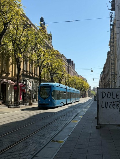 A three car tram rushes down a track in the middle of the street. These run in both directions throughout the city.