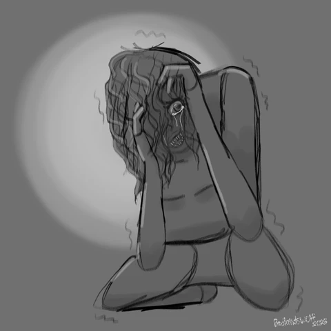 A digital sketch of a young woman with wavy hair positioned on her knees with her hands coming up to cover her face. She has unnaturally pointy teeth. The entire drawing is shades of gray. Her tears are portrayed as white outlines. There are squiggly lines around her body to portray that she’s shaking.