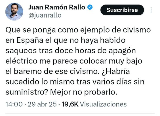 Juan Ramón Rallo lamenta que no haya habido saqueos durante el apagón.