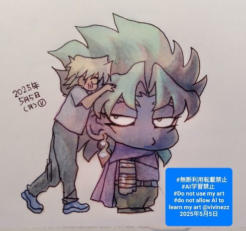 遊戯王のファンアート。でっかいちびキャラ闇マリクに城之内が抱きついている