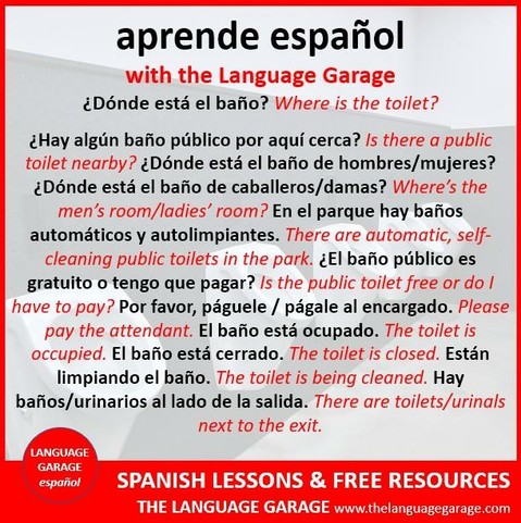 Spanish vocabulary and expressions related to public bathrooms, image of a row of urinals