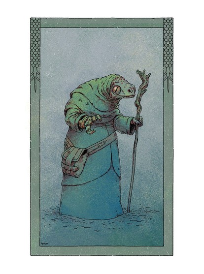 Illustration of a reptilian wizard with a mnechanical arm and a staff.