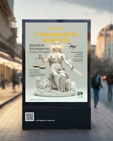 Titelblatt des Kölner Universitätsmagazins mit einer Statue von Justitia, einer Waage und zwei weißen Katzen. Themen: künstliche Intelligenz, Wissen, Traditionen. Ausgabe April 2025.